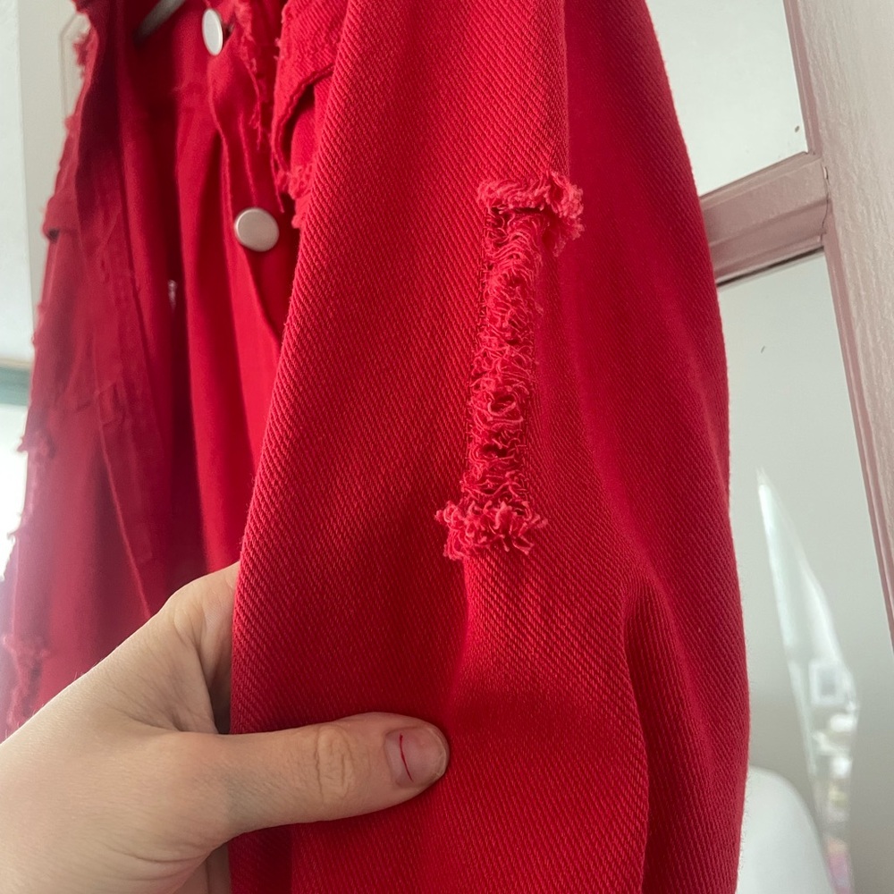 Red Distressed Button-Up Jacket - Picture 3 of 4